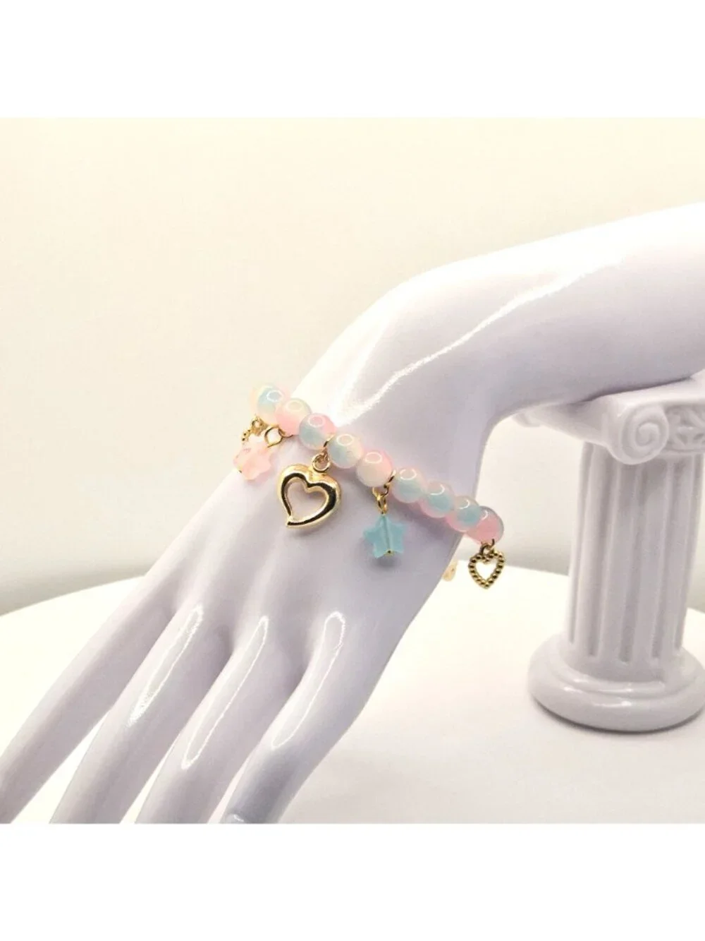 Stretch Bracelet With Heart, Pastel Charm Bracelet, Cute Beaded Bracelet, Pink B